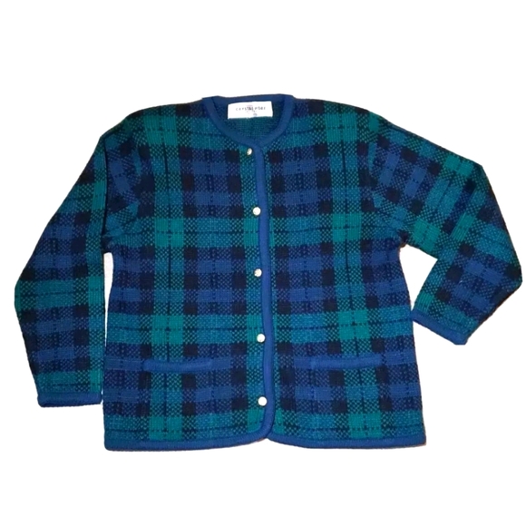 Vintage Crystal Kobe Cardigan Acryli Sweater Green Tartan Plaid Gold Buttons 80s - Picture 1 of 12